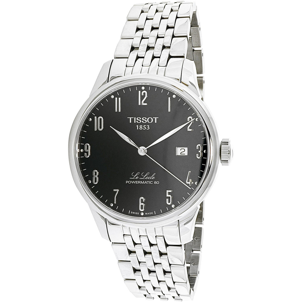 Tissot Le Locle automatic watch displayed at angle with visible dial and steel bracelet