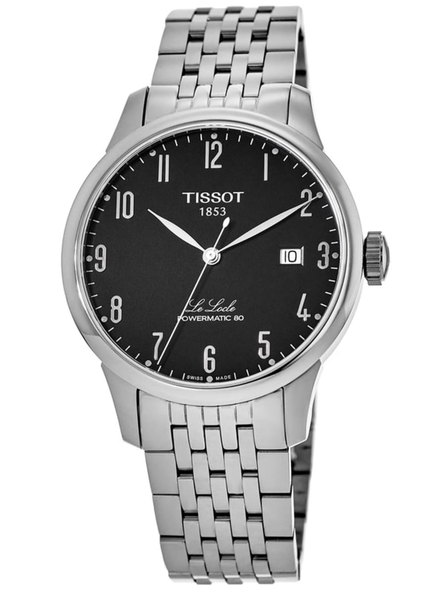 Three-quarter view of Tissot Le Locle watch showing dial and bracelet
