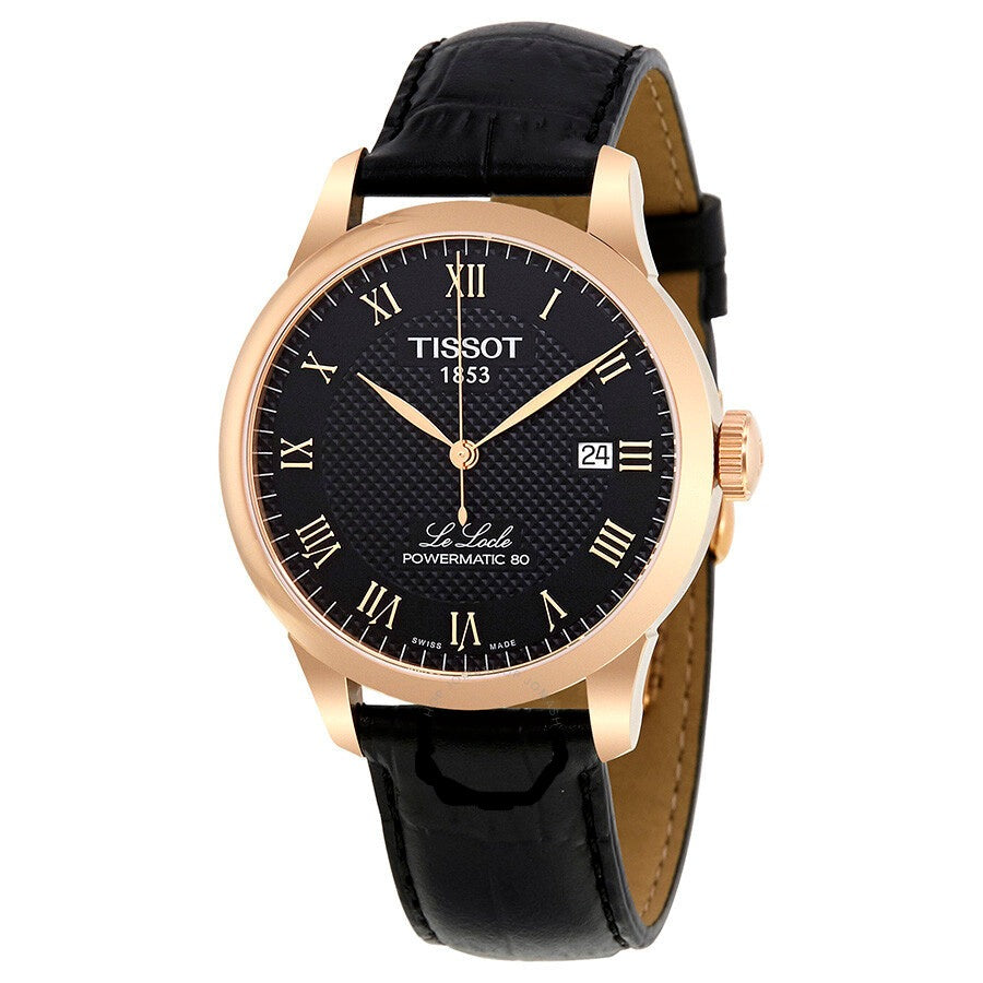 Angled view of Tissot Le Locle Powermatic 80 with rose gold case and black leather strap