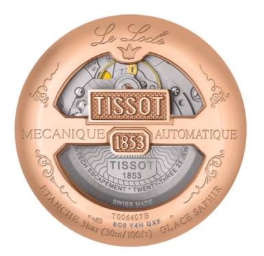 Caseback of Tissot Le Locle showing Powermatic 80 automatic movement with rotor