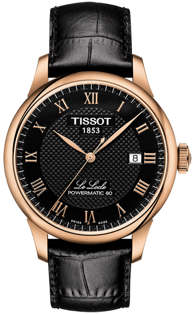 Tissot Le Locle Powermatic 80 rose gold watch with black dial and black leather strap