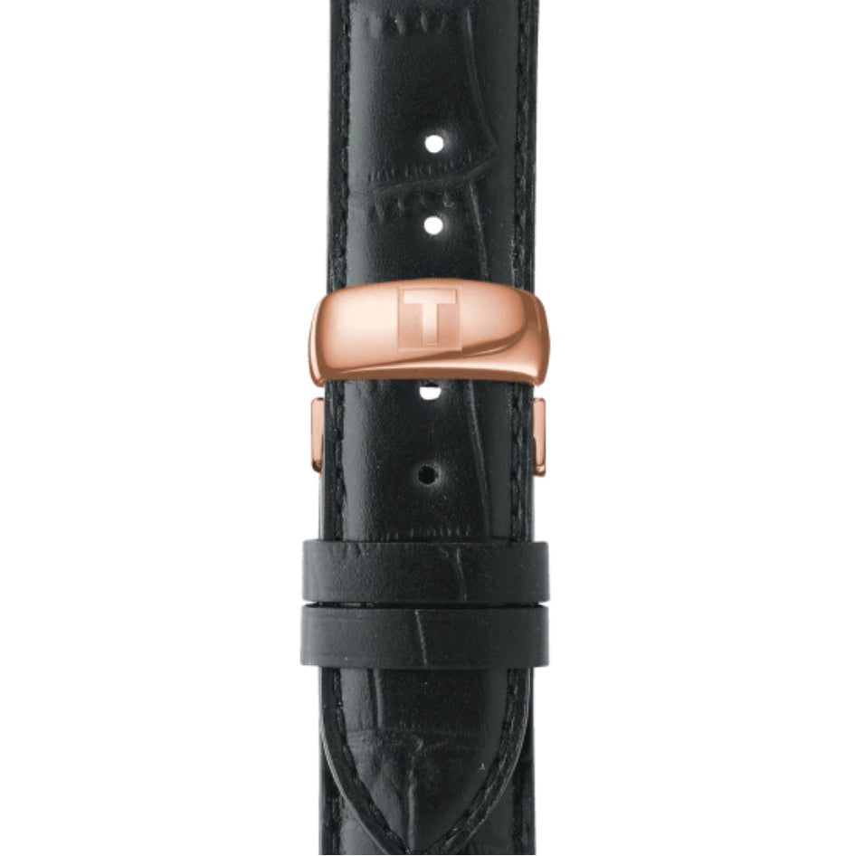 Black leather strap with rose gold deployment clasp on Tissot Le Locle Powermatic 80