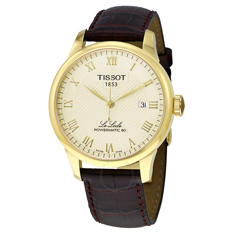 Tissot Le Locle automatic watch angled view showing gold case and crocodile-texture brown strap