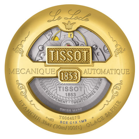 Tissot Le Locle caseback showing Powermatic automatic movement and Perlage decoration