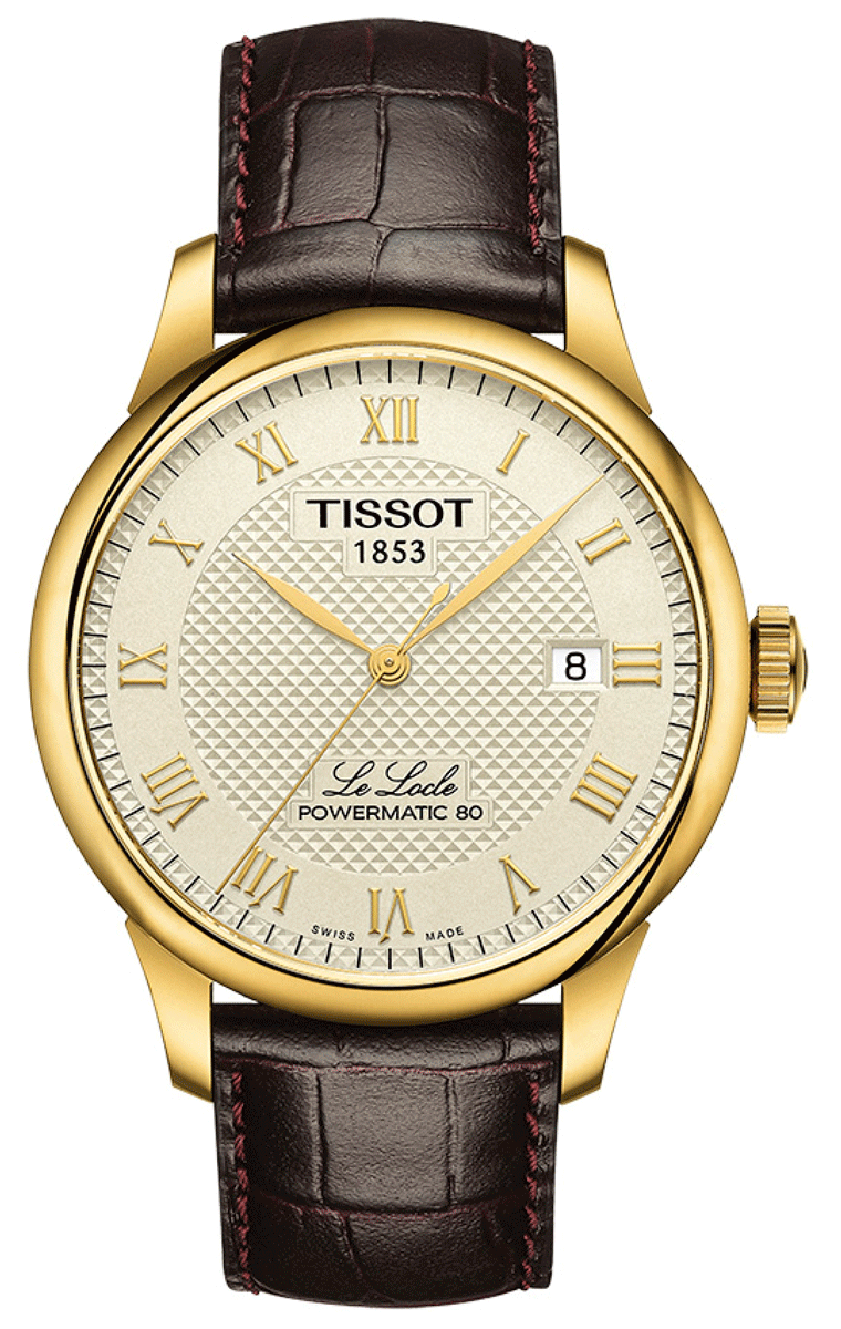 Tissot Le Locle Powermatic 80 gold-tone watch with champagne dial and brown leather strap