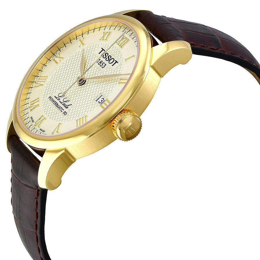 Tissot Le Locle Powermatic 80 side profile with gold crown and brown leather strap