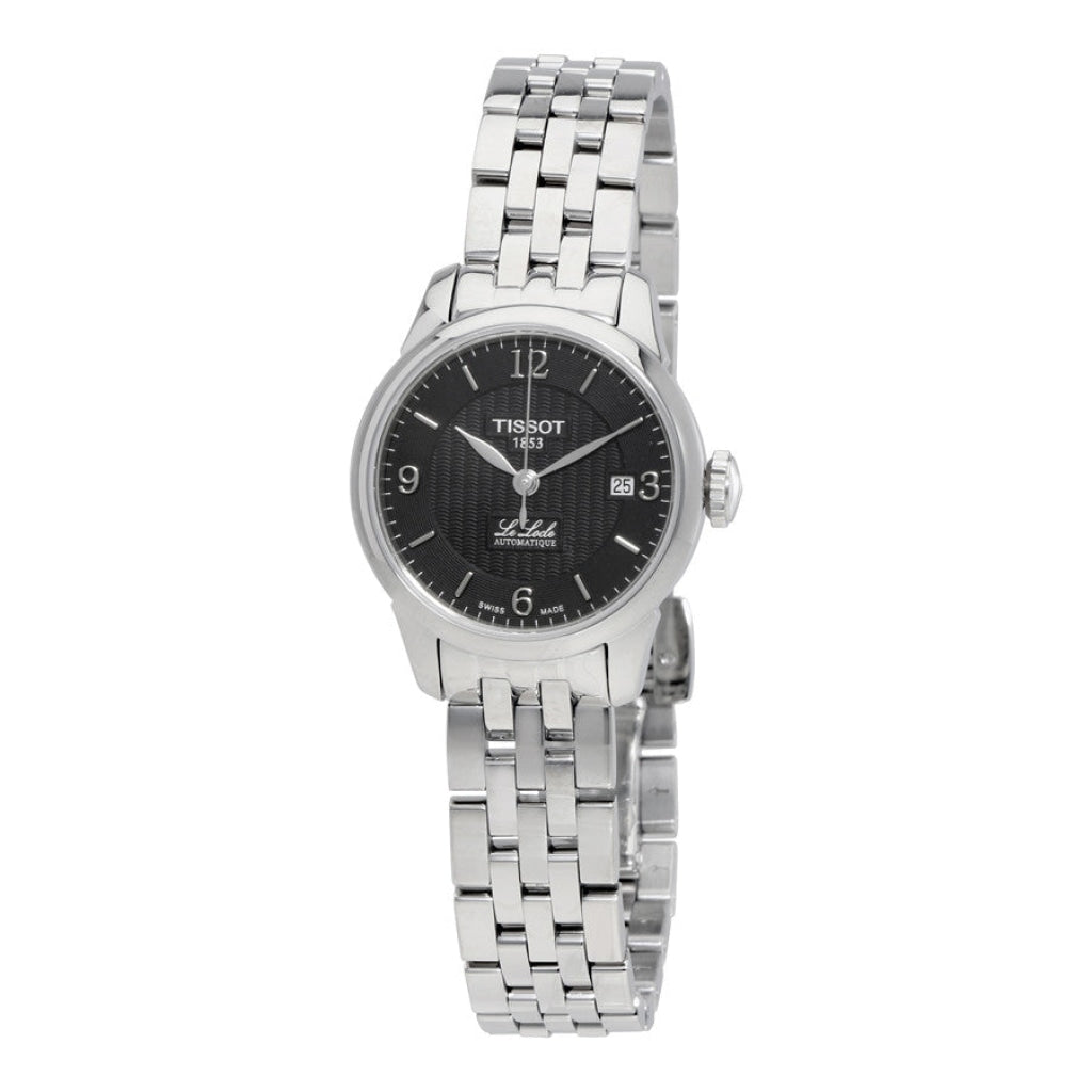 Tissot Le Locle Small Automatic watch at angle showing black dial and silver steel strap