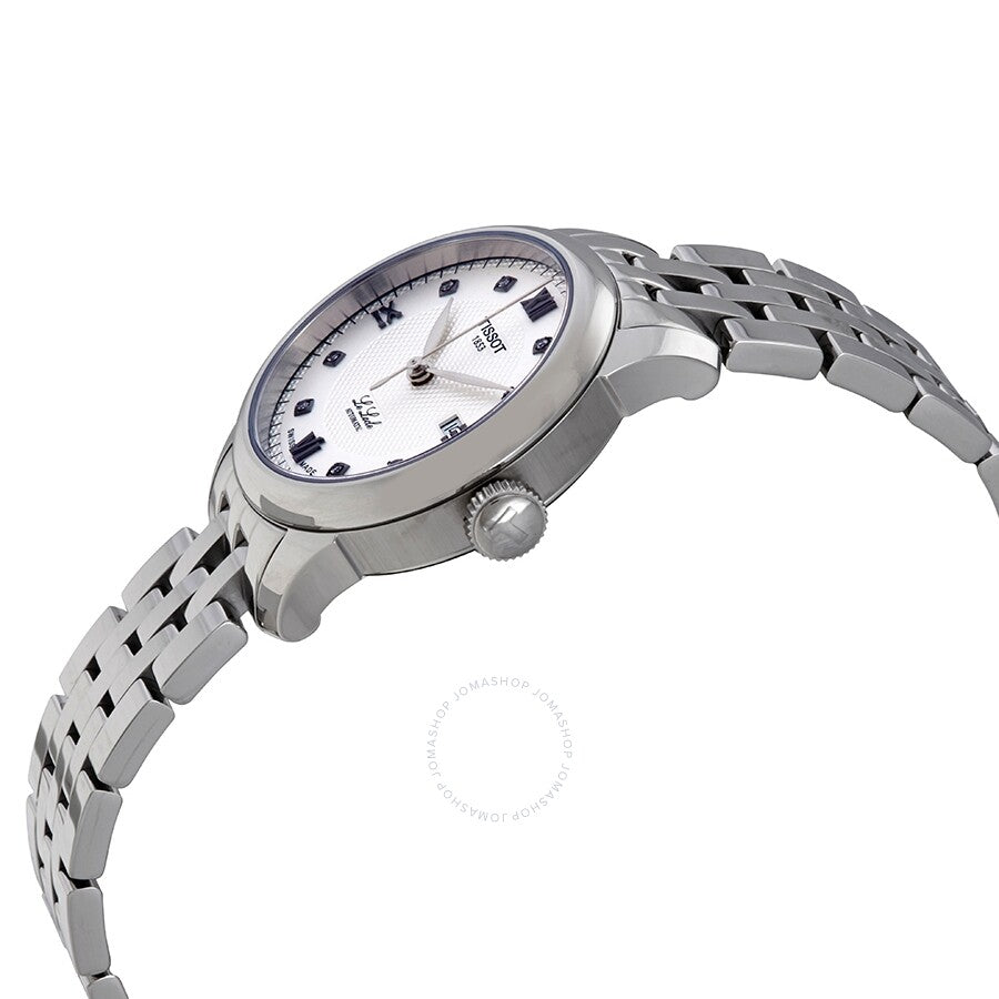 Tissot Le Locle ladies watch at angle showing stainless steel bracelet and profile