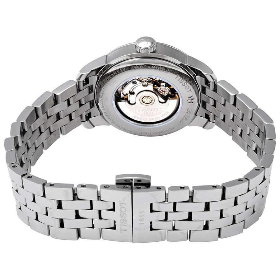 Tissot Le Locle caseback view showing automatic movement and stainless steel bracelet