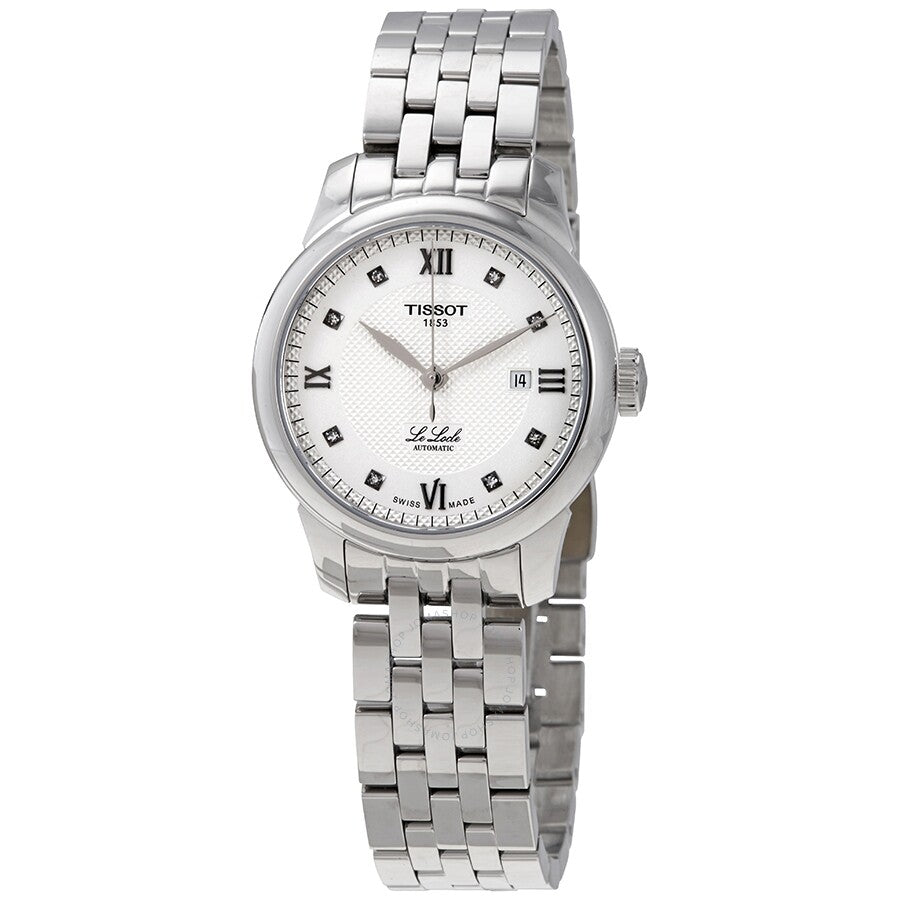 Tissot Le Locle automatic ladies watch with silver dial, diamond hour markers, and stainless steel bracelet