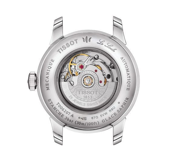 Tissot Le Locle caseback showing automatic movement with rotor and engraved text