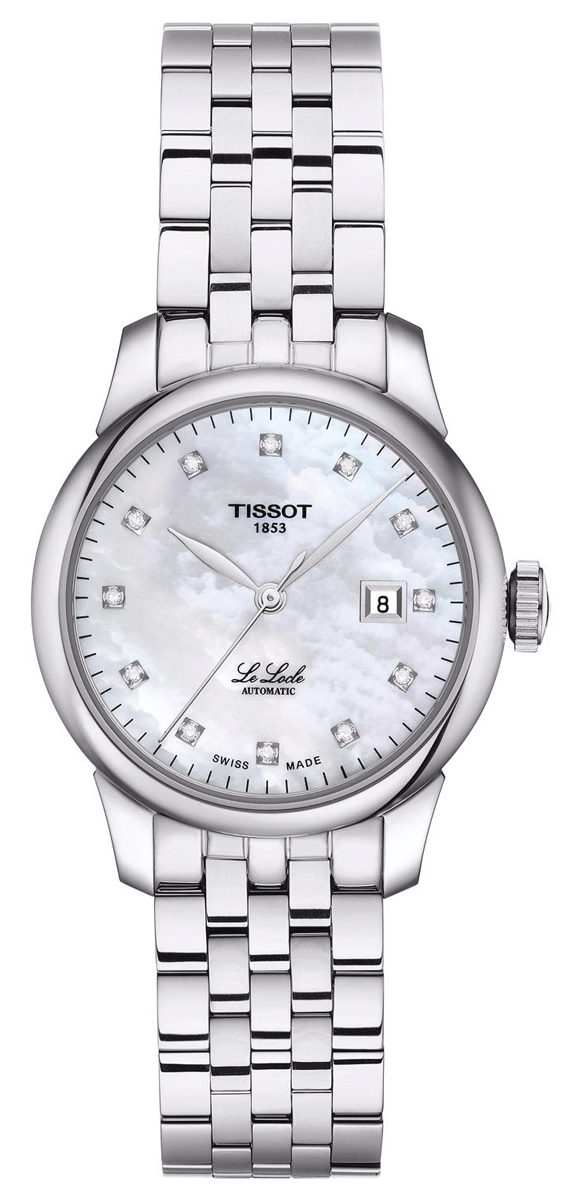 Tissot Le Locle ladies watch with mother of pearl dial, diamond hour markers, and steel bracelet