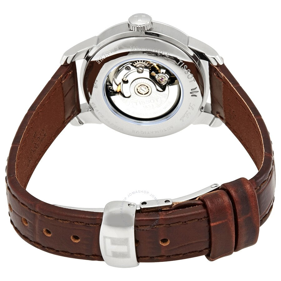 Tissot Le Locle automatic caseback displaying mechanical movement and brown leather strap