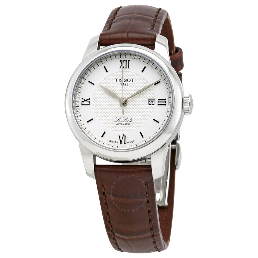 Tissot Le Locle automatic ladies watch with silver dial, Roman numeral markers, stainless steel case, and brown leather strap
