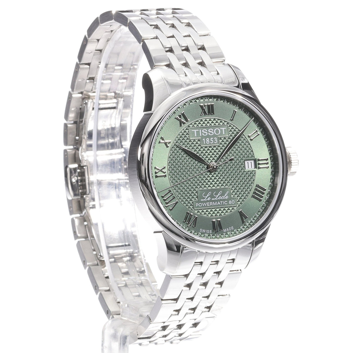 Tissot Le Locle Powermatic 80 green dial watch worn on wrist with stainless steel bracelet