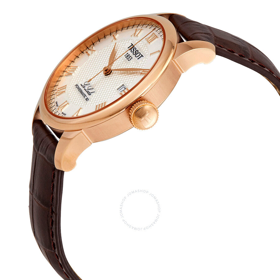 Tissot Le Locle side angle view showing rose gold case profile and brown leather strap