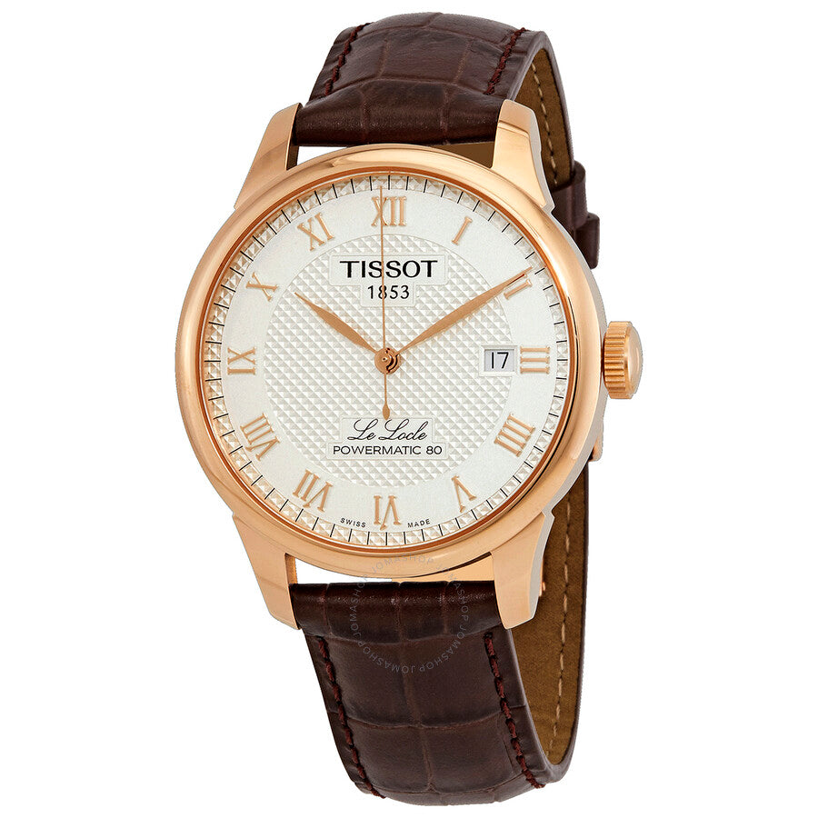 Tissot Le Locle automatic watch with silver dial, rose gold case, and brown croc leather strap