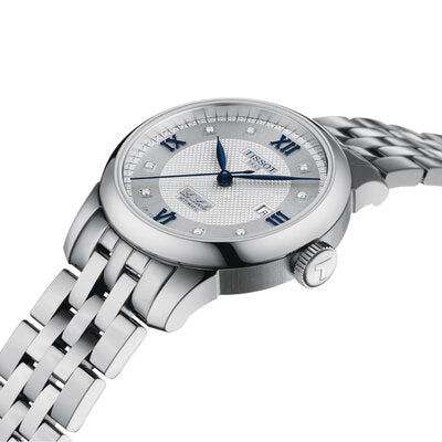 Tissot Le Locle women's automatic watch displayed at an angle showing steel bracelet and case profile