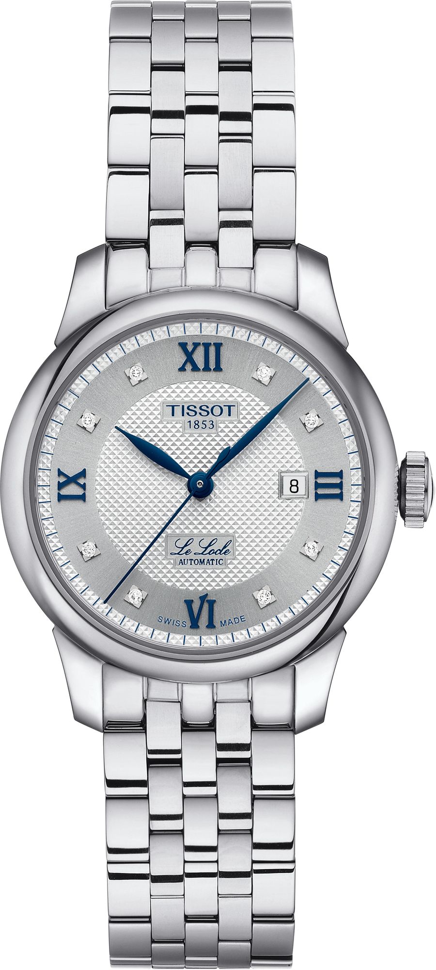 Tissot Le Locle women's automatic watch with silver dial, blue hands, Roman numerals, and steel bracelet