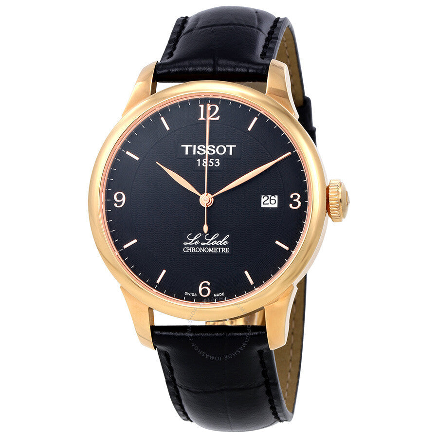 Tissot Le Locle watch at angle showing black leather strap and rose gold case