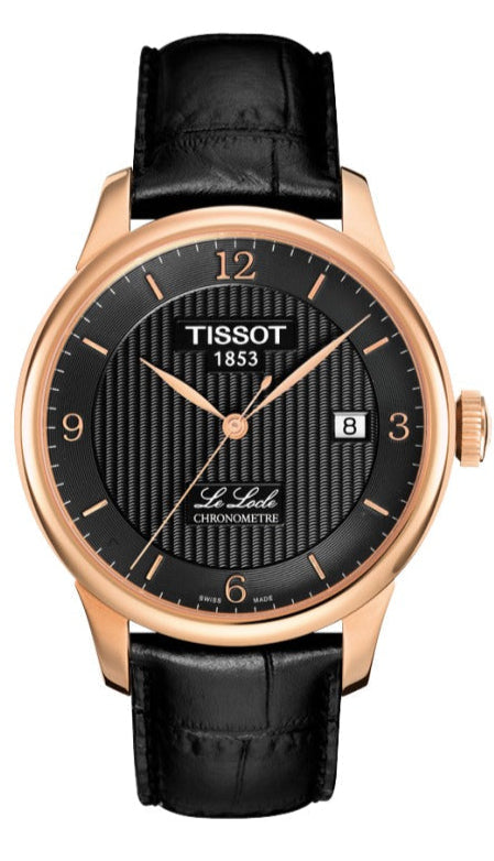 Tissot Le Locle chronometer watch with black dial and rose gold case