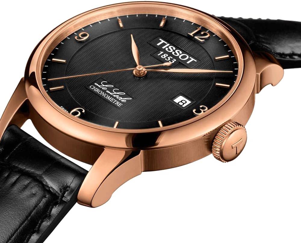 Side view of Tissot Le Locle watch with crown and chronometer dial