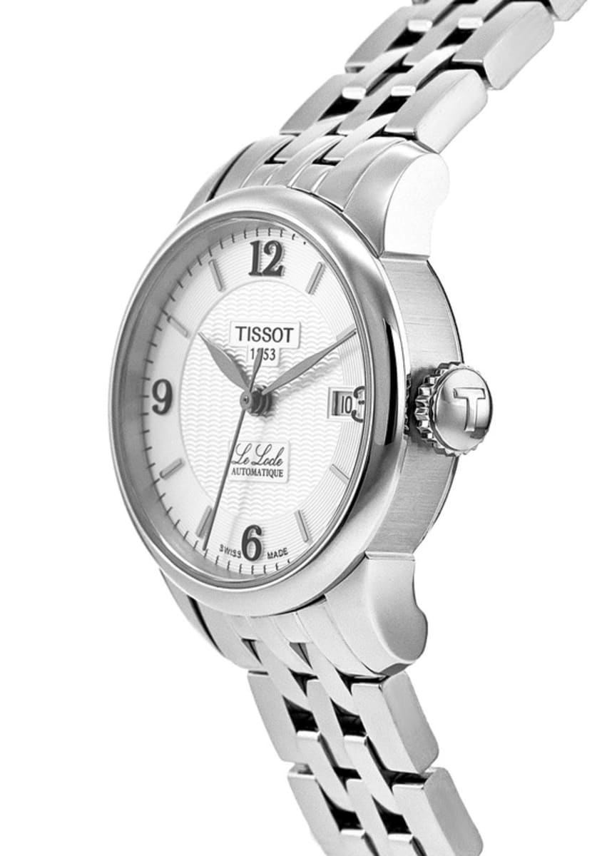 Tissot Le Locle Automatic Double Happiness Lady watch angled view displaying dial and steel band