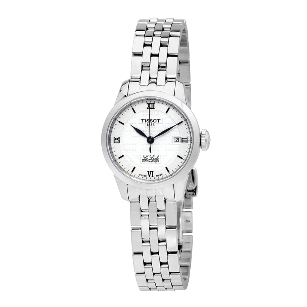 Tissot Le Locle Automatic Double Happiness Lady watch at three-quarter angle with steel bracelet