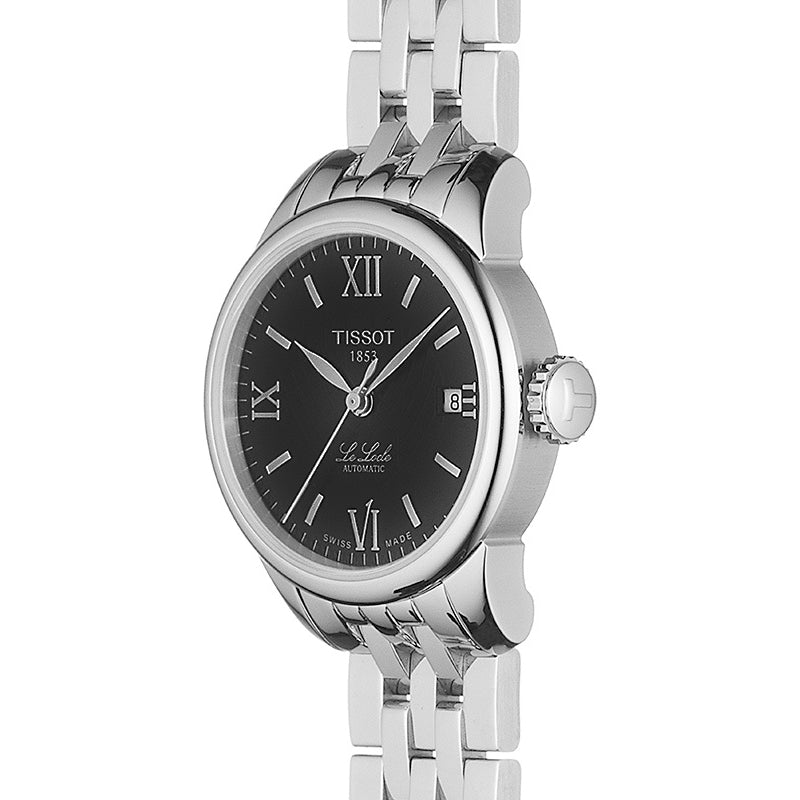 Angled side view of Tissot Le Locle ladies watch showing black dial and bracelet