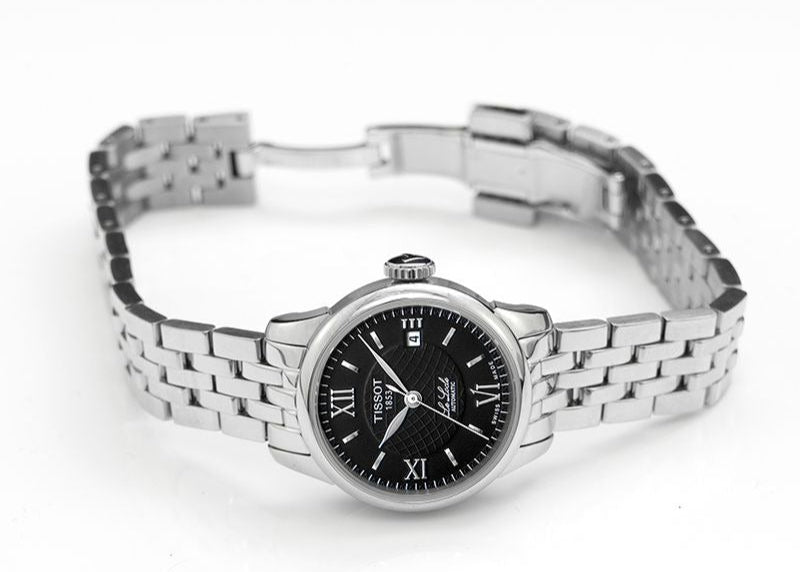 Tissot Le Locle ladies watch displayed on white background showing full bracelet