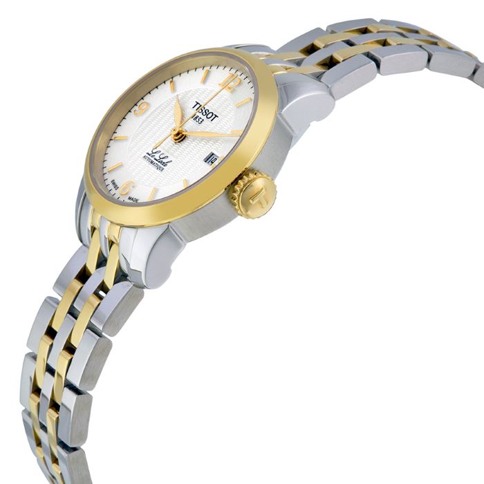 Side view of Tissot Le Locle dress watch showing two-tone case and bracelet profile