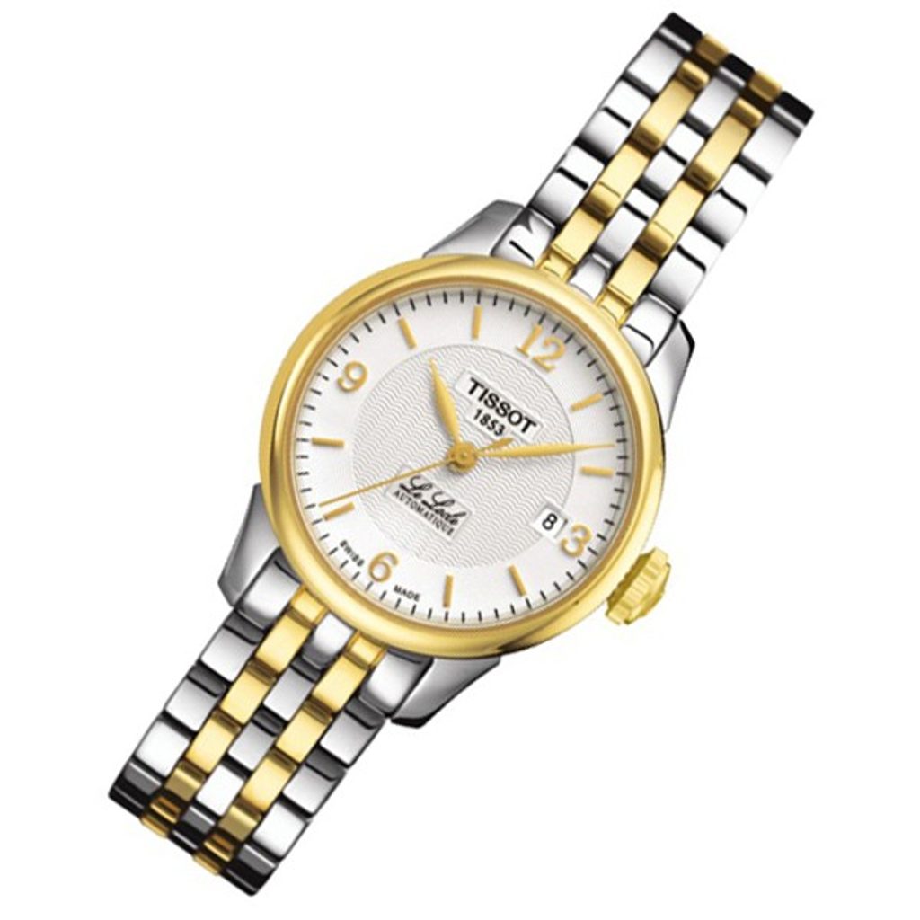 Tissot Le Locle women's automatic watch worn on wrist with two-tone stainless steel bracelet