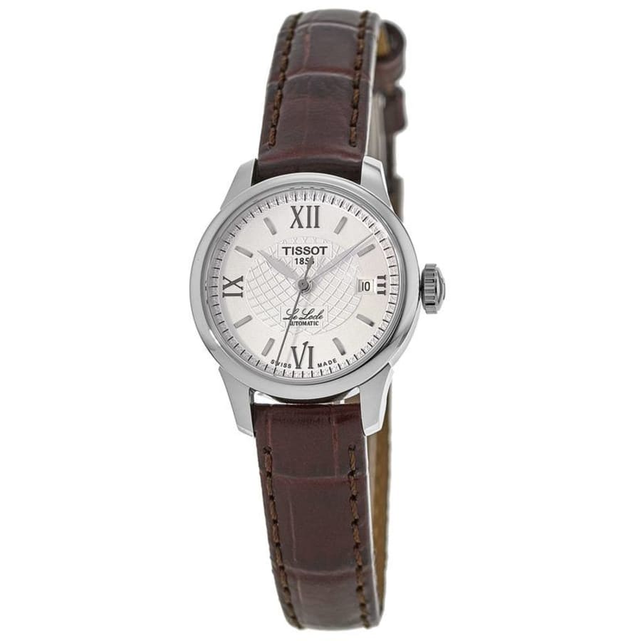 Tissot Le Locle automatic women's watch three-quarter view with brown crocodile-textured strap