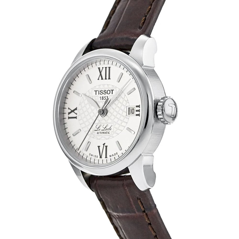 Tissot Le Locle ladies watch side profile showing stainless steel case and crown