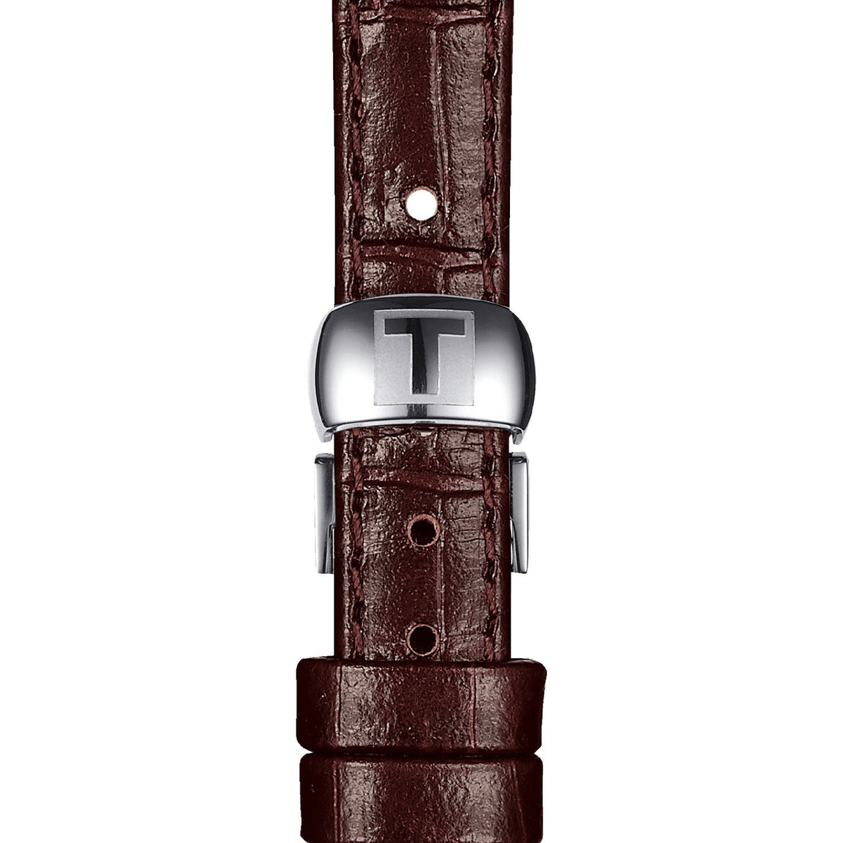 Tissot Le Locle brown leather strap with T-logo deployment clasp and crocodile texture