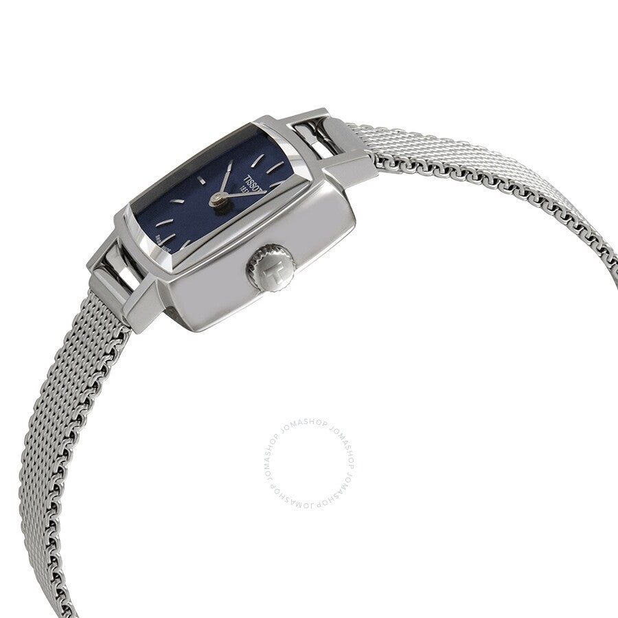 Tissot Lovely Square watch angle view showing square case and mesh bracelet