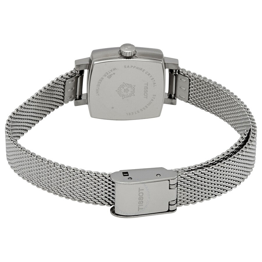 Tissot Lovely Square watch caseback showing stainless steel mesh bracelet