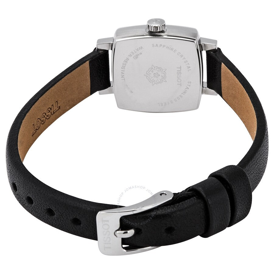 Tissot Lovely Square caseback view showing stainless steel case and brown leather interior
