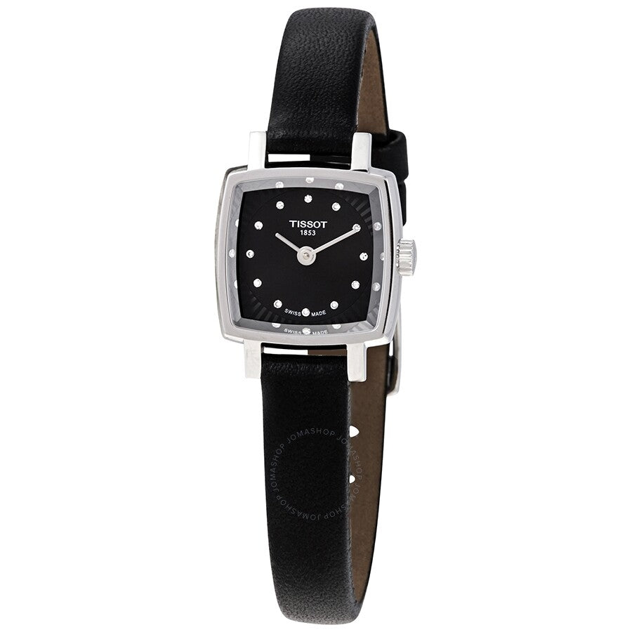 Tissot Lovely Square ladies watch with black dial and diamond indices on black leather strap