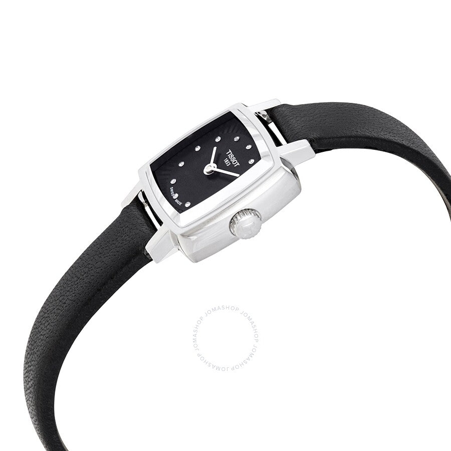 Tissot Lovely Square black dial watch worn on wrist with black leather strap