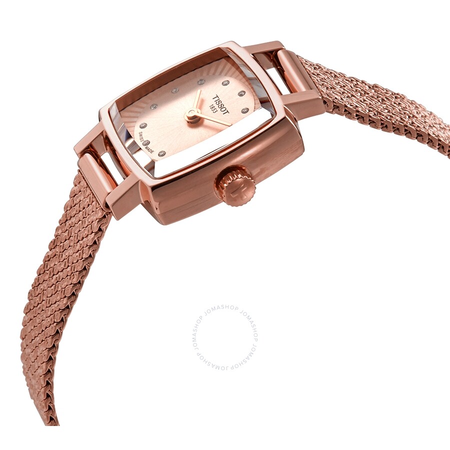 Tissot Lovely Square watch angled side view showing rose gold case and bracelet