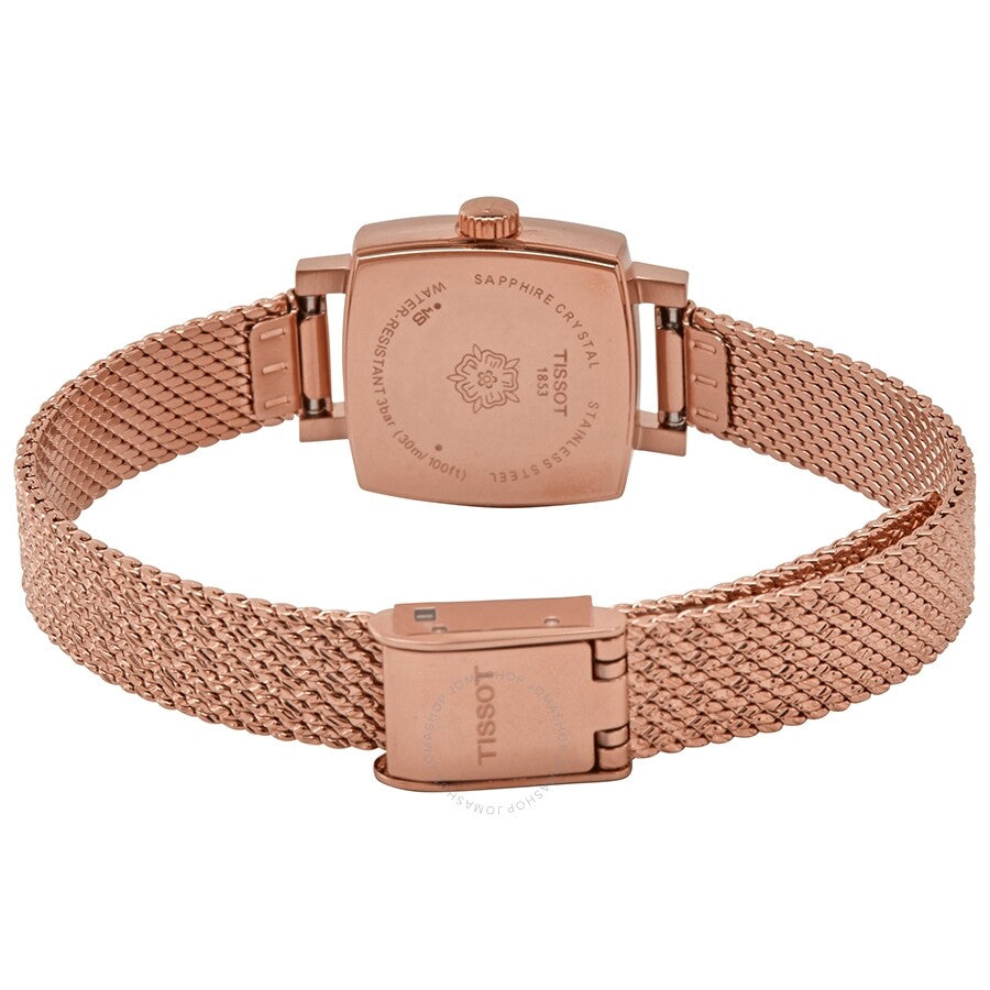 Tissot Lovely Square case back showing sapphire crystal and mesh bracelet