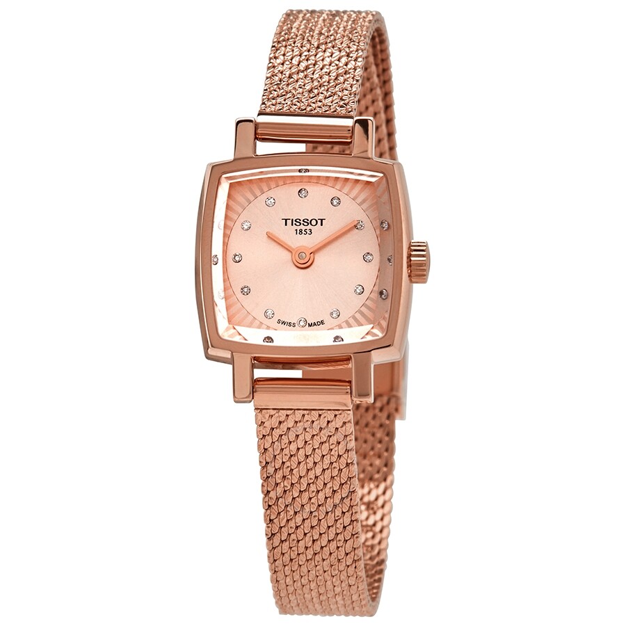 Tissot Lovely Square rose gold ladies watch with diamond dial and mesh bracelet