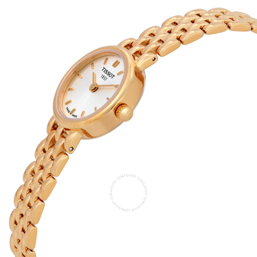 Side angle view of Tissot Lovely ladies watch showing oval case profile and rose gold bracelet