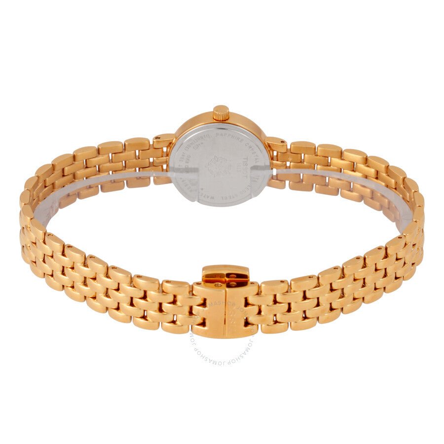 Back view of Tissot Lovely watch showing caseback and rose gold-tone bracelet with fold-over clasp