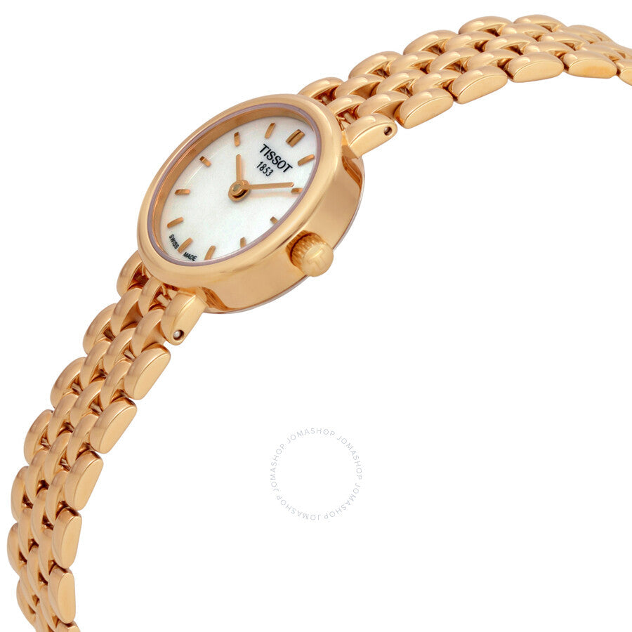 Tissot Lovely rose gold ladies watch with mother of pearl dial, angled view showing case and bracelet