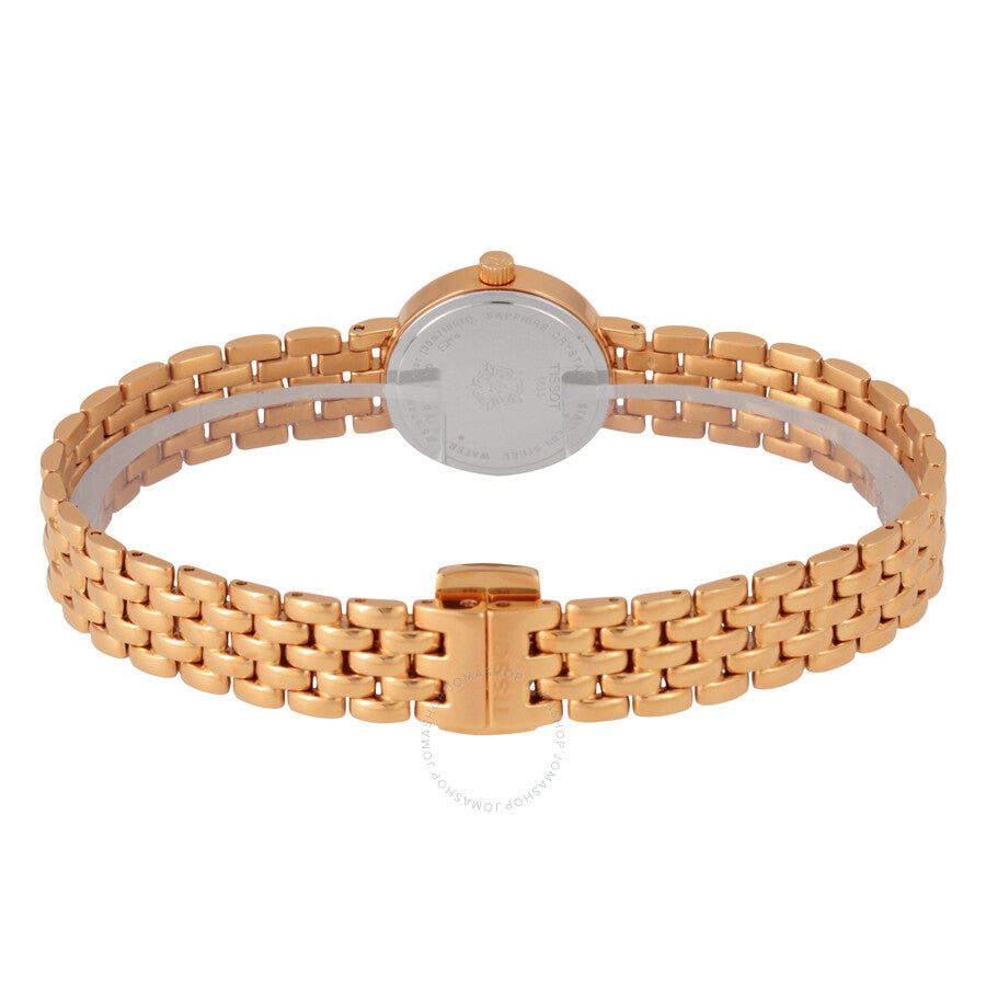 Tissot Lovely ladies watch showing bracelet and case back design in rose gold