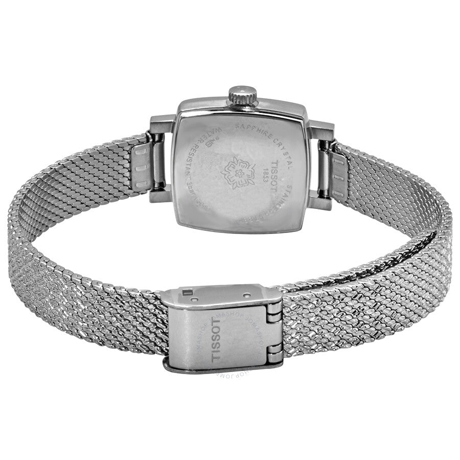 Caseback view of Tissot Lovely watch with stainless steel mesh strap and clasp