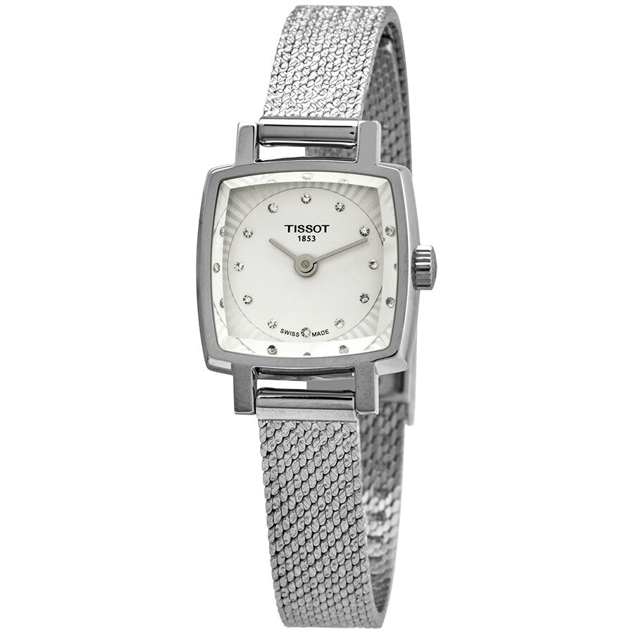 Tissot Lovely silver diamond dial ladies watch with square stainless steel case and mesh strap