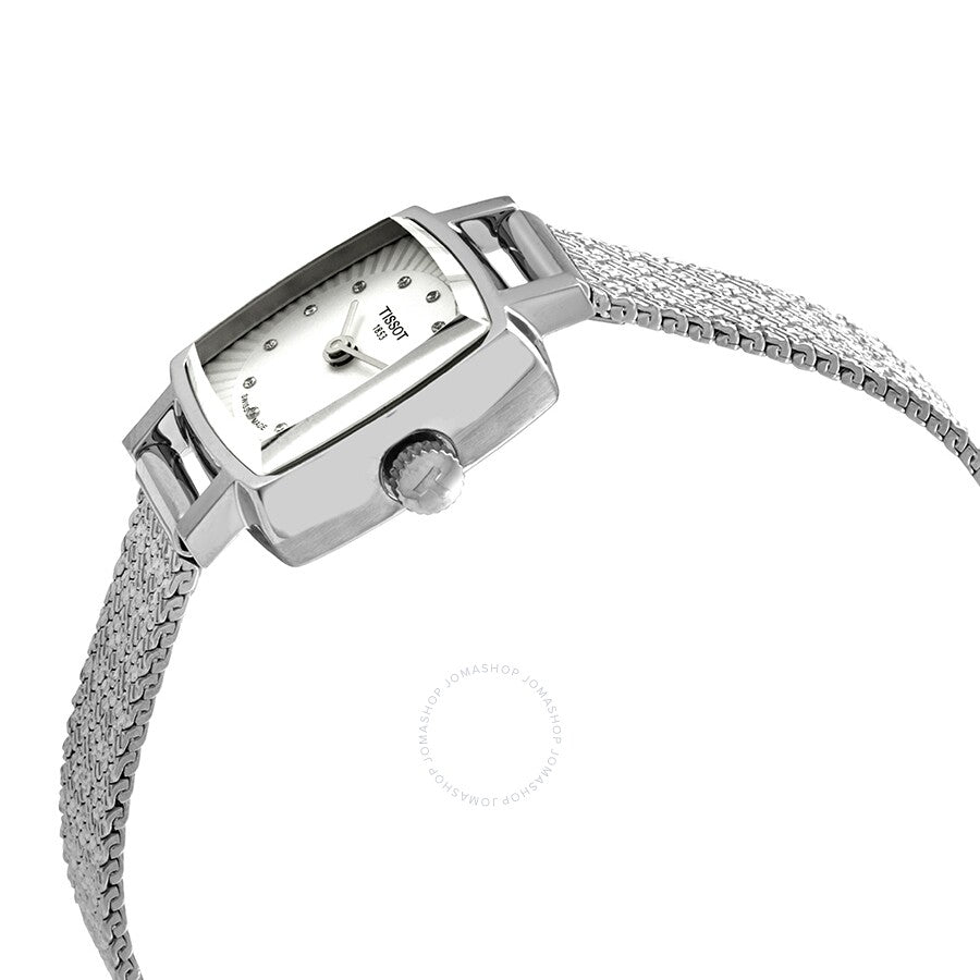 Side view of Tissot Lovely watch showing square case profile and mesh bracelet